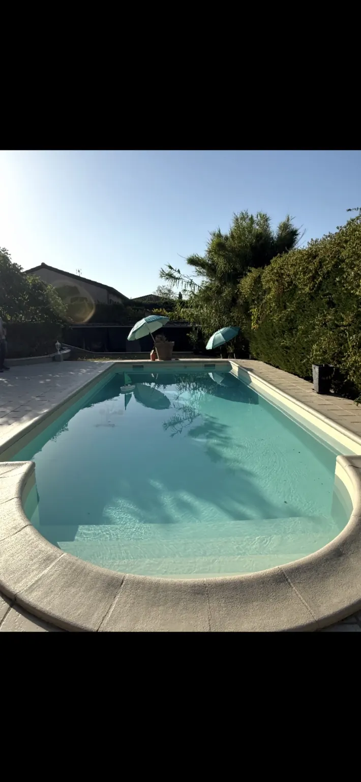 Piscine en eau avec escalier arrondi et terrasse en pierre.